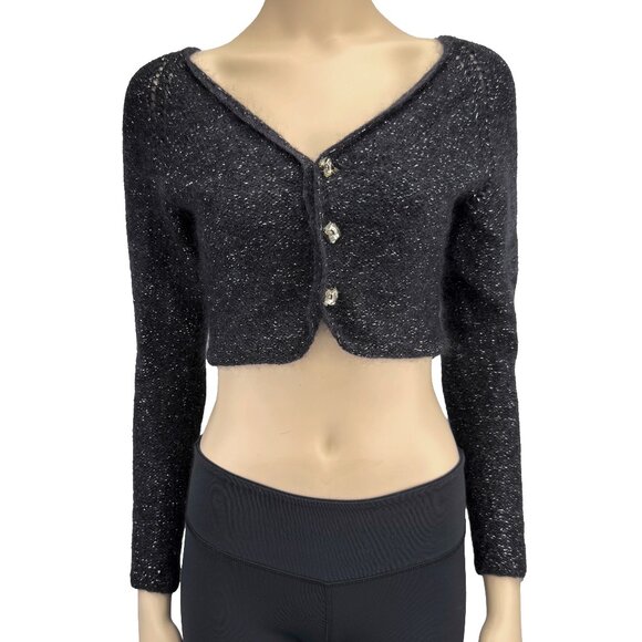 SOFT Mohair Alpaca Shiny Cropped Knitted Metallic Charcoal Jewel Cardigan XS - Picture 1 of 5